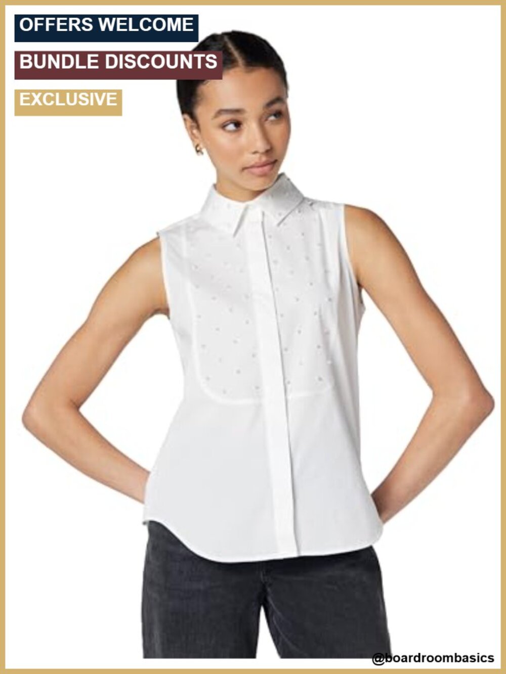 Sleeveless Collared Pearl Embellished Blouse Cotton Stretch